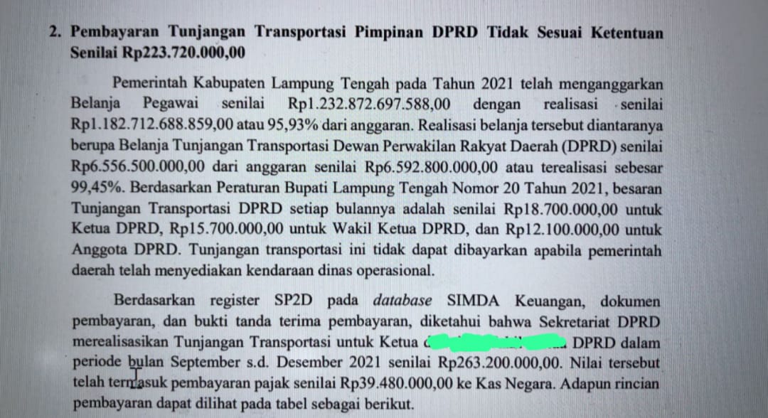Viral ! Temuan BPK Atas Kelebihan Pembayaran Tunjangan Transportasi Ketua DPRD Lampung Tengah (Sumarsono)